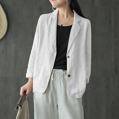 maoxiangshop Vintage Summer Lapel Neck Long Sleeve Work Suits Blazer Women Casual Solid Cotton Blazer Elegant Cardigan Thin Coats