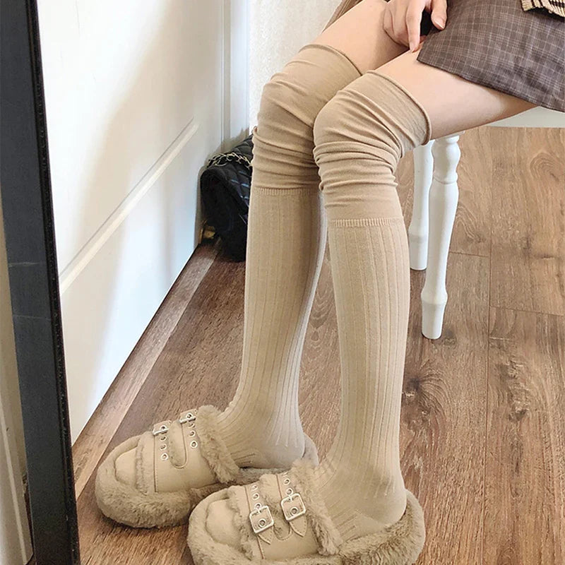 maoxiangshop Solid Color Thigh High Stockings Women Trendy Casual Over The Knee Female Long Socks Thermal Warm Cotton Tall Tube Leggings