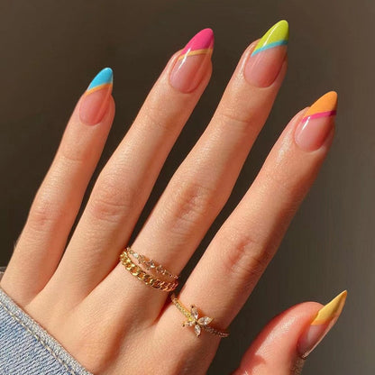 24Pcs Almond False Nails with Glue Green Stripe Design Fake Nails Long Wearable Press on Nails Acrylic Full Cover Nail Tips