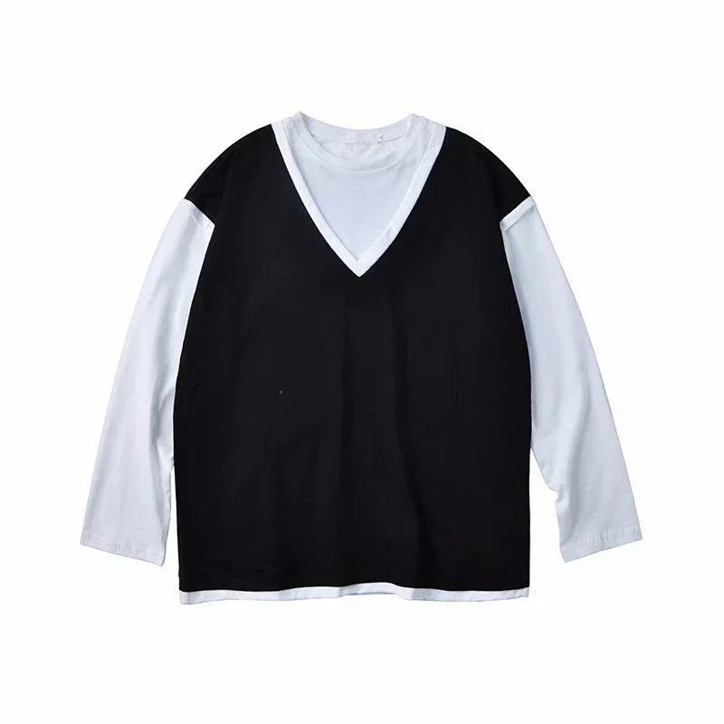 maoxiangshop Fake Two Piece 100% Cotton Spring Autumn Harajuku Long Sleeve Men T Shirt Casual Korean Fashion Oversized Woman Top 2022 Trend