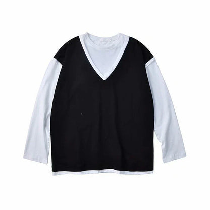 maoxiangshop Fake Two Piece 100% Cotton Spring Autumn Harajuku Long Sleeve Men T Shirt Casual Korean Fashion Oversized Woman Top 2022 Trend
