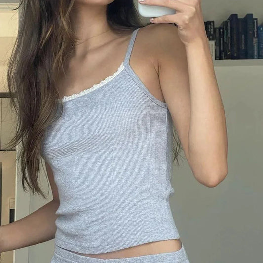 maoxiangshop  -  Lace Trim Ribbed Tops for Women Summer Cotton 2000s Vintage Y2K 2024 Cute Sexy Crop Tops Girls Trending Fashion Clothes Camisole
