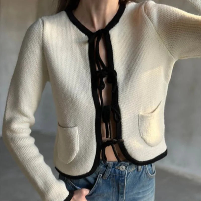 Talenza Bow Knitted Cardigan Women's Autumn Casual Lace Cardigan Slim Top Commuting Long Sleeve Pocket Patchwork Knitted Jacket