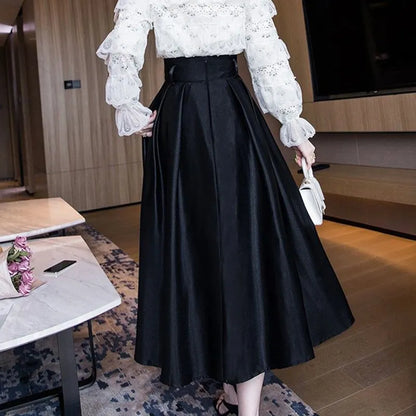 maoxiangshop Big Swing High Waitsed Black Skirts Women Fashion Pleated Satin Midi Skirt Woman Pearls Button Long Party Skirts Ladies