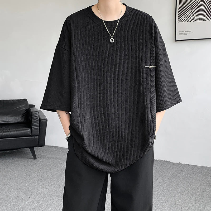 maoxiangshop Black/White/Green Pleated T Shirt For Men Summer Short Sleeve Plain T-Shirt Fashion Shirts Round Collar Sports Tops Tee