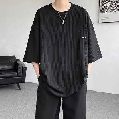 maoxiangshop Black/White/Green Pleated T Shirt For Men Summer Short Sleeve Plain T-Shirt Fashion Shirts Round Collar Sports Tops Tee