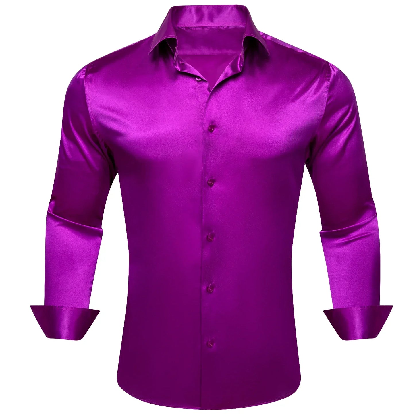 maoxiangshop Luxury Shirts for Men Silk Satin Solid Plain Red Green Yellow Purple Slim Fit Male Blouses Turn Down Collar Casual Tops