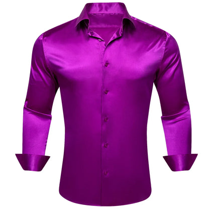 maoxiangshop Luxury Shirts for Men Silk Satin Solid Plain Red Green Yellow Purple Slim Fit Male Blouses Turn Down Collar Casual Tops