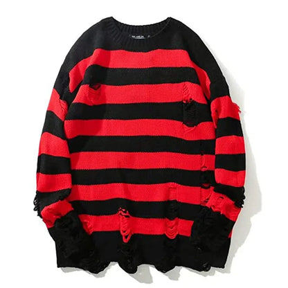 maoxiangshop Black Stripe Sweaters Destroyed Ripped Sweater Men Pullover Hole Knit Jumpers Men Oversized Sweatshirt Harajuku Long Sleeve Tops