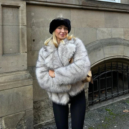 maoxiangshop  -  Mint Chic Street Girls Gradient Faux Fur Jacket Women Winter 2024 Brand Fashion Fluffy Fox Fur Coat Female Luxury Outerwear