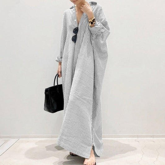 maoxiangshop Summer New Dresses for Woman Fashion Striped Cardigan Loose Large Casual Temperament Commuter Irregular Women's Long Dress Tops