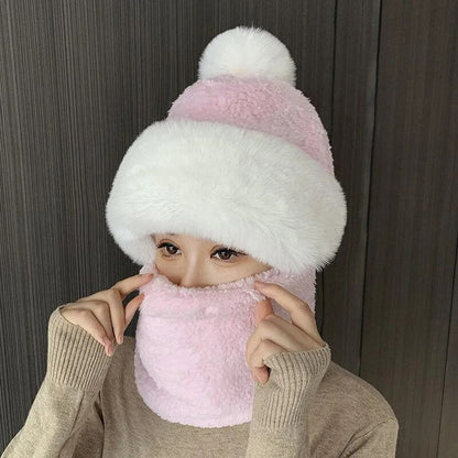 maoxiangshop Winter Scarf Set Hooded for Women Plush Neck Warm Russia Outdoor Ski Windproof Hat Thick Plush Fluffy Beanies