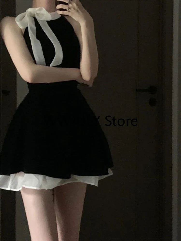 maoxiangshop Sexy Dress Woman Bow Bandage Sleeveless Slim Patchwork Black Mini Dresses Puffy Elegant Vintage Ladies Summer Fashion Chic