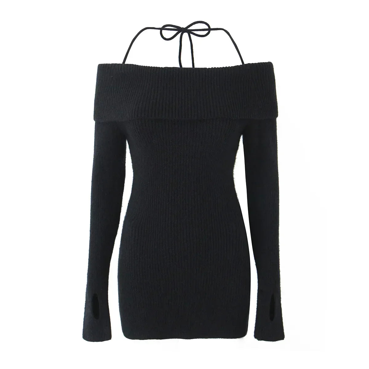 maoxiangshop  -   Autumn Off The Shoulder Knitted Dress 2024 New Black Sexy Bodycon Birthday Party Dresses Short Halter Knitted Dress