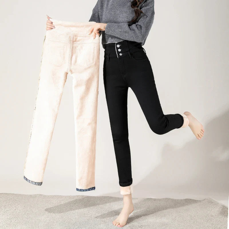 maoxiangshop Winter New Fleece High Waist Jeans for Women Classic Black Stretch Thickened Warm Slim Plush Velvet Pencil Denim Trousers