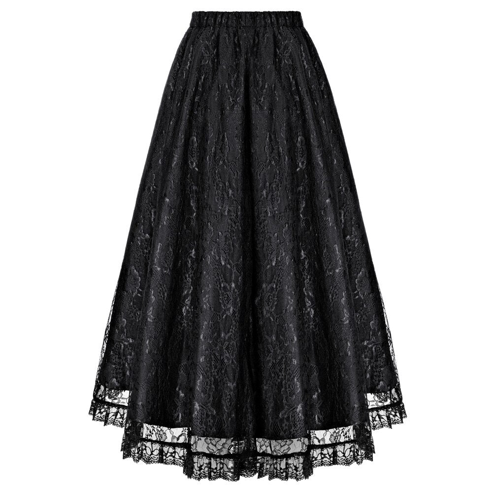 maoxiangshop Women Renaissance High-Low Skirt Vintage Gothic Steampunk Hight Elastic Waist Swing Skirt Victorian Lace Skirts A30