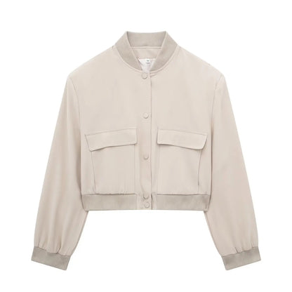 maoxiangshop  -  Y2K Style Jacket Women New Autumn Big Pocket French Jacket Coat Women Solid Color Single-breasted Baseball Outerwear Tops