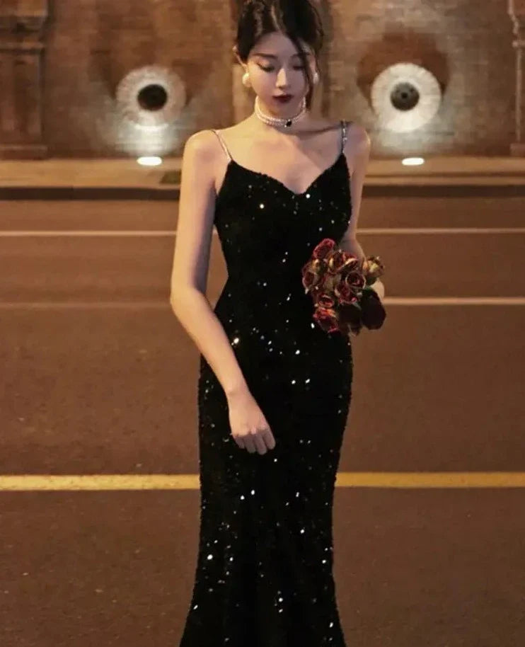 Elegant Sequin Night Club Dresses for Women Sexy Backless Spaghetti Strap Summer Vestidos Vintage Solid Slim Midi Dress Spring