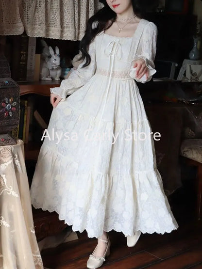 Elegant Vintage Fairy Dress Women Summer Long Sleeve Casual Princess Dress Female Court Retro Even Party Dress Korean Style