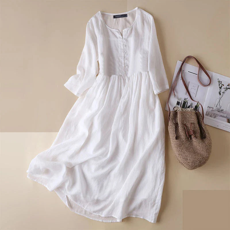 maoxiangshop Women White Beach Dress Solid Summer A-line Half Sleeve Shirt Dress Casual Loose Pocket Sundress Holiday Baggy Long Robe