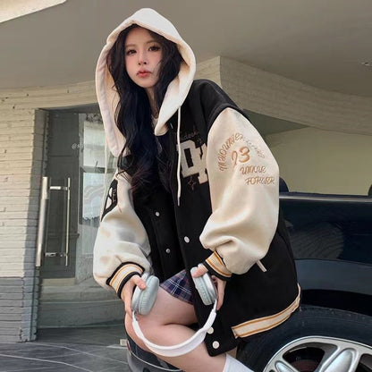 Embroidered Hooded Baseball Uniform Women's Winter 2023 New Student Couple American Retro Plus Velvet Casual Hooded Jacket Top