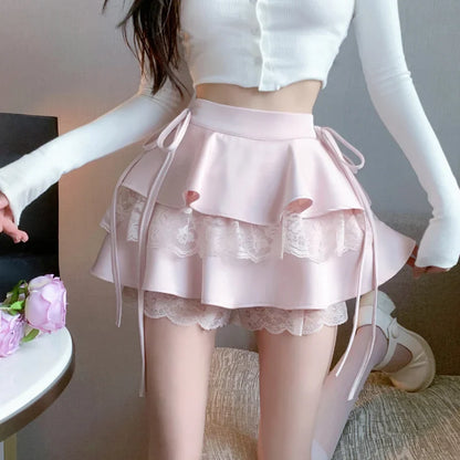 maoxiangshop Gothic Sexy Ruffle Tiered Skirts Women Cute Lolita Style Lace Cake Skirt Girl Kawaii Clothes High Waist Solid A-Line Mini Skirt