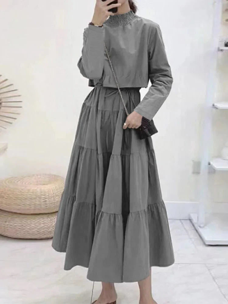 maoxiangshop Elegant High Collar Ruffled Dress Casual Solid Color Robes Women Autumn Maxi Vestidos Party Holiday Cake Dresses