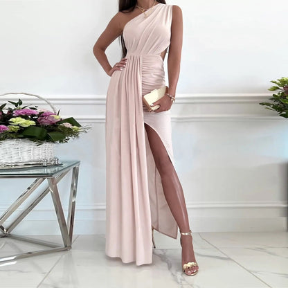 maoxiangshop Women Long One Shoulder Elegant Evening Dress Flower Fashion Elegant Dress Party Festive Casual Long Black Dresses for Women