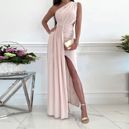 maoxiangshop Women Long One Shoulder Elegant Evening Dress Flower Fashion Elegant Dress Party Festive Casual Long Black Dresses for Women