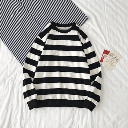 maoxiangshop Pullover Tops Long Sleeved Loose Casual Hoodies Sudadera Mujer Autumn Winter Women's Hoodies Round Neck Stripe Sweatshirt