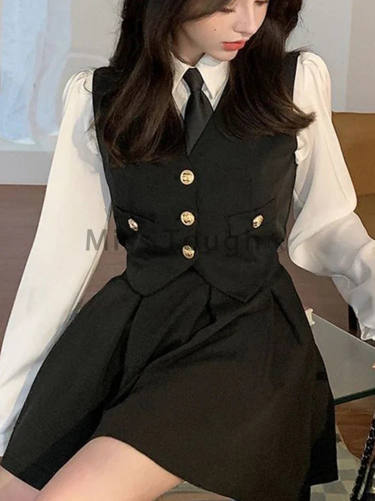 maoxiangshop Japanese Preppy Style Three Piece Sets Women Black Vintage Vest + +White Casual Blouse +Mini Pleated Skirt Female Chic Clothes