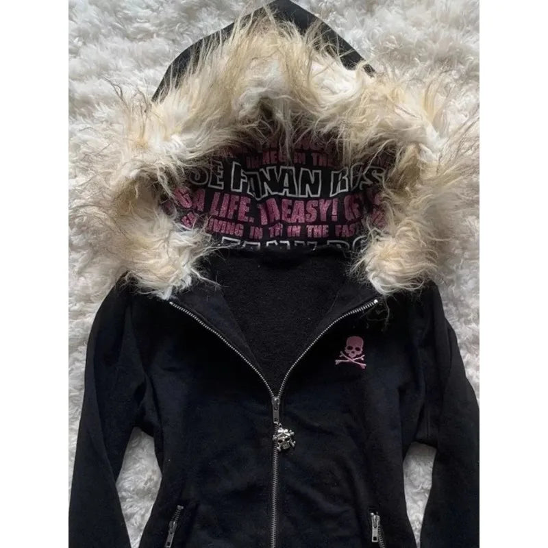 maoxiangshop  -  Y2k Warm with Fur Collar Short Fashion Sweatshirts Winter Long Sleeved Couple Tops Solid Zip Up Slim and Versatile Hoodies women