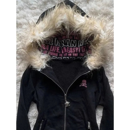 maoxiangshop  -  Y2k Warm with Fur Collar Short Fashion Sweatshirts Winter Long Sleeved Couple Tops Solid Zip Up Slim and Versatile Hoodies women
