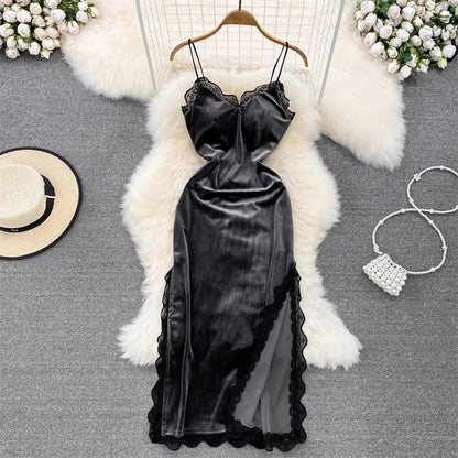 Lace Splice Sling Dress For Women Spring Outfits Retro Hepburn Style Base Fashion V-Neck Sleeveless Sexy Slim Side Slit Midi Velvet Dress