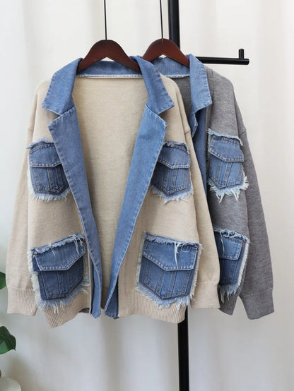 maoxiangshop Raw Hem Cardigan Women Sweaters Patchwork Notched Collar Knitted Denim Jackets Jumpers Pockets Thick Coats Autumn Winter Outwear