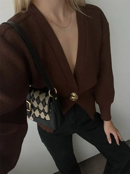 maoxiangshop  -  Vintage Brown One Button Knitted Cardigan Women Fashion V Neck Full Sleeves Cropped Sweater Autumn Elegant Lady High Street Tops