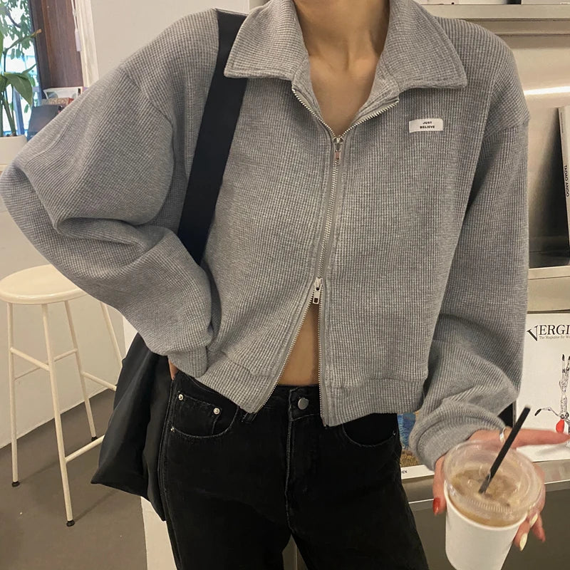 Women Zipper Cropped Jackets Fashion Letter Loose Sweatshirt Korean Casual Short Y2k Tops Spring Harajuku Lady Clothes New