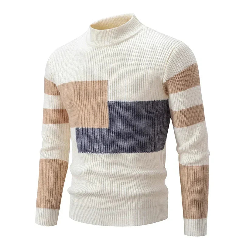 maoxiangshop Men's Autumn Winter New Mock Neck Pullovers Fashion Patchwork Knitted Warm Sweater Man Slim Fit Casual Knitwear Sweaters Tops