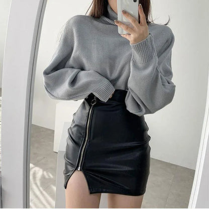 maoxiangshop Black Mini Sexy Skirt Sexy High Waist Package Hip Pencil Skirt Women Korean Fashion Pu Faux Leather Split Zipper Short Skirts