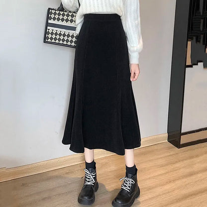 maoxiangshop Corduroy Long Mermaid Skirt Woman Autumn Winter Ruffles High Waist Midi Skirts Women Korean Back Elastic Black Skirts