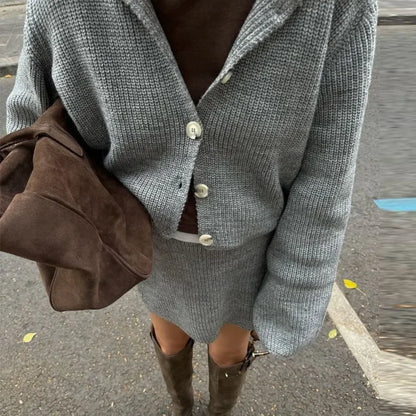 maoxiangshop  -  Knitted Skirts 2 Piece Set Women Fashion Lapel Flare Button Knitted Cardigan Top Mini Skirt 2024 Autumn Lady All-matching Outfit