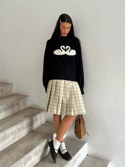 maoxiangshop  -  Casual Knitted Printed Half Neck Sweater Women Vintage Loose Black Swans Pullover Sweaters Female Autumn Chic Elegant Knitwear