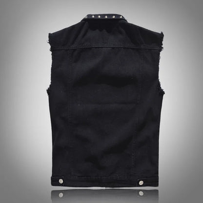 maoxiangshop Spring Fashion Men Rivet Denim Vest Punk Party Studded Slim Fit Jean Jacket Male Sleeveless Waistcoat for Men Plus Size 6XL
