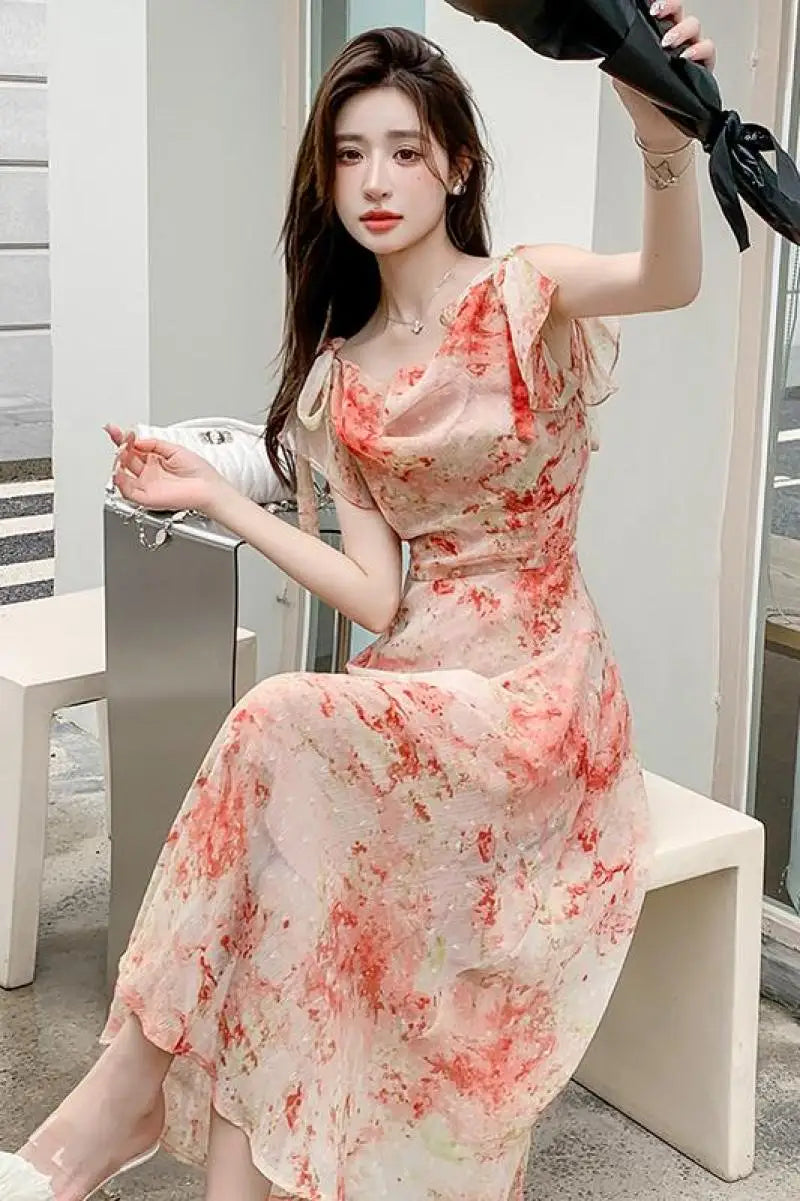 maoxiangshop French Floral Suspender Chiffon Dress Seaside Holiday Beach Long Dress Summer Fairy Temperament Korean Women's New Chic