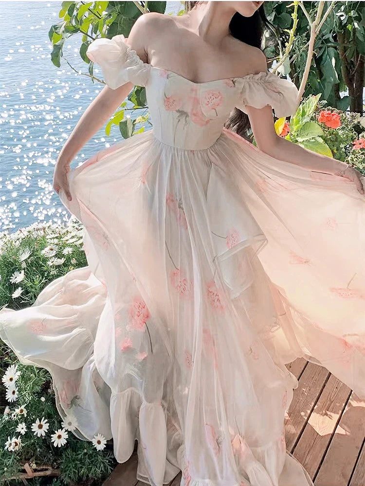 Summer Elegant Beach Floral Fairy Long Dress  Women Fashion Boho Evening Party Robe Korean Chic Vestidos Clothing