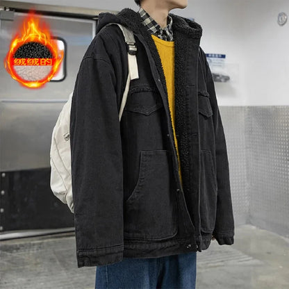 maoxiangshop Men Winter Fleece Hooded Jean Jackets Blue Cowboy Outerwear Thick Warm Denim Coats Big Pockets Men Denim Jacket Plus Size 4XL-S