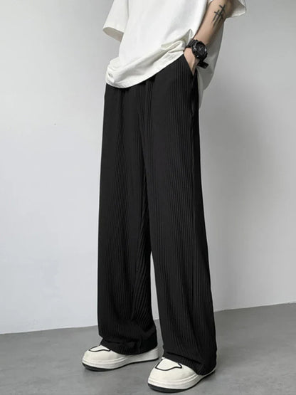 maoxiangshop Summer Texture Straight Pants For Men Korean Fashion Baggy Wide-leg Trousers Casual Drape Pleated Striped Y2K Pantalones Hombre