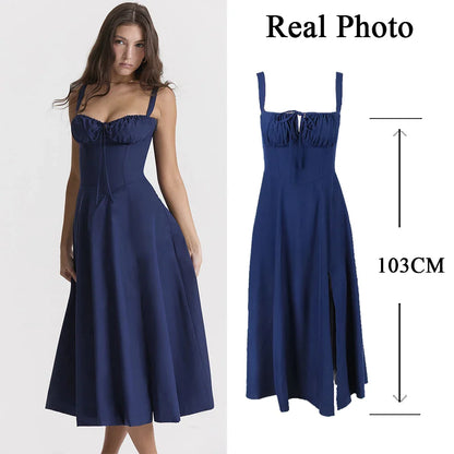 Women's Summer Floral Print Dresses Sweet Elegant Midi Holiday Dress Casual Slit Blue Lace Up Dresses