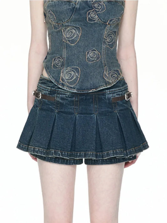 maoxiangshop  -  Denim Pleated Skirt Women Y2k Streetwear Low Waist Distressed Patchwork Button Jean Mini Skirt Autumn Vintage 90s