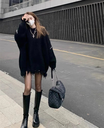 maoxiangshop Distressed Sweater Black Grunge Oversized Fringed Knit Jumper Punk Girl Women's Pullover Autumn Winter